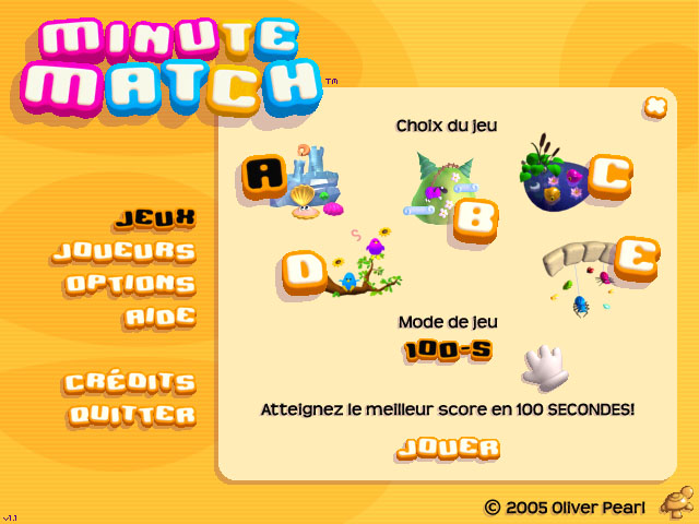 Screenshot du jeu MinuteMatch - Interface choix du mini-jeu