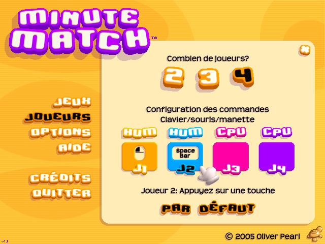 Screenshot du jeu MinuteMatch - Interface choix du nombre de joueurs de 2 à 4